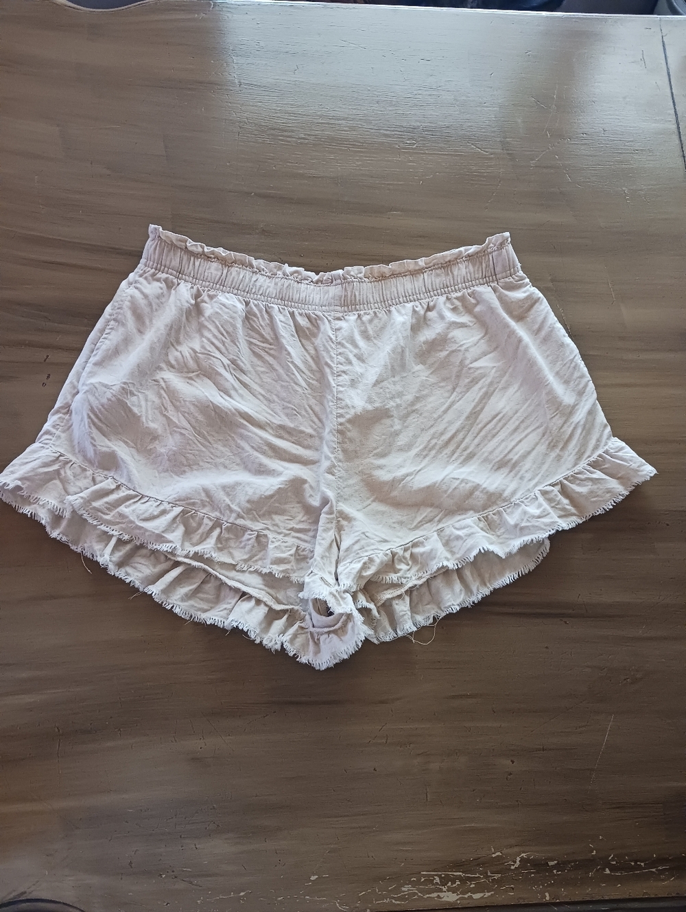 Aerie Linen Blend Shorts Womens XL Neutral Color Raw Ruffled Hem Elastic Waist